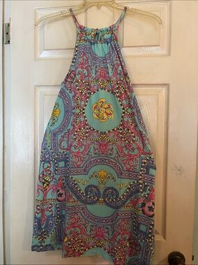 J. McLaughlin Aqua Halter Dress with Pink & Yellow Medallion Print